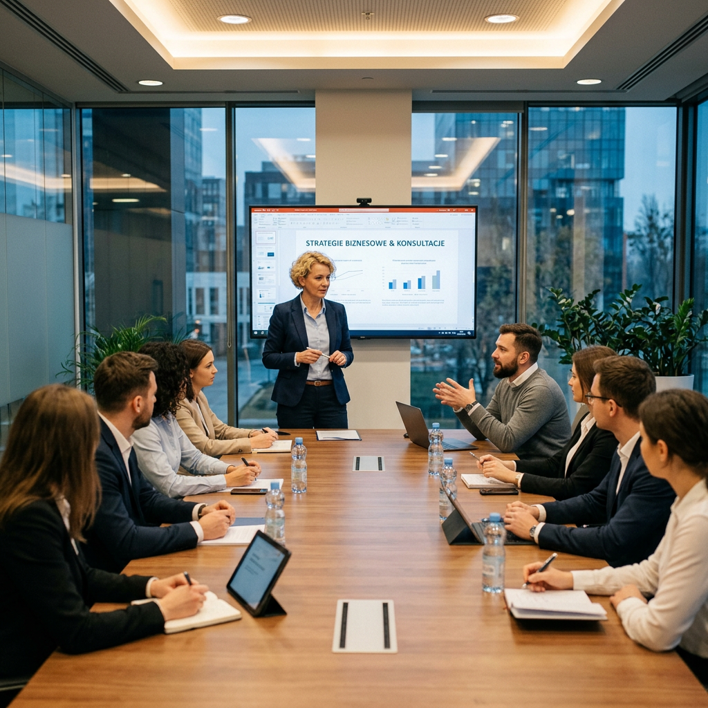 Businesswoman presenting business strategy and consultation charts to a meeting room of professionals