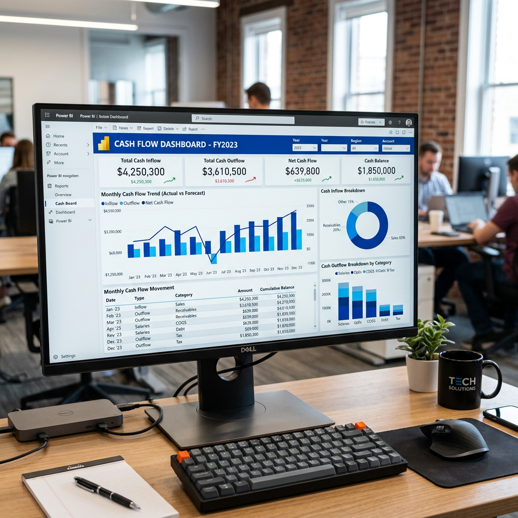Power BI cash flow dashboard on screen
